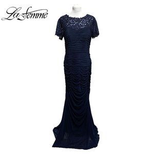 La Femme Mesh Ruched Evening Gown